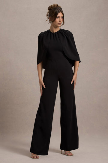 Arbor Black Cape-Sleeve Straight-Leg Jumpsuit